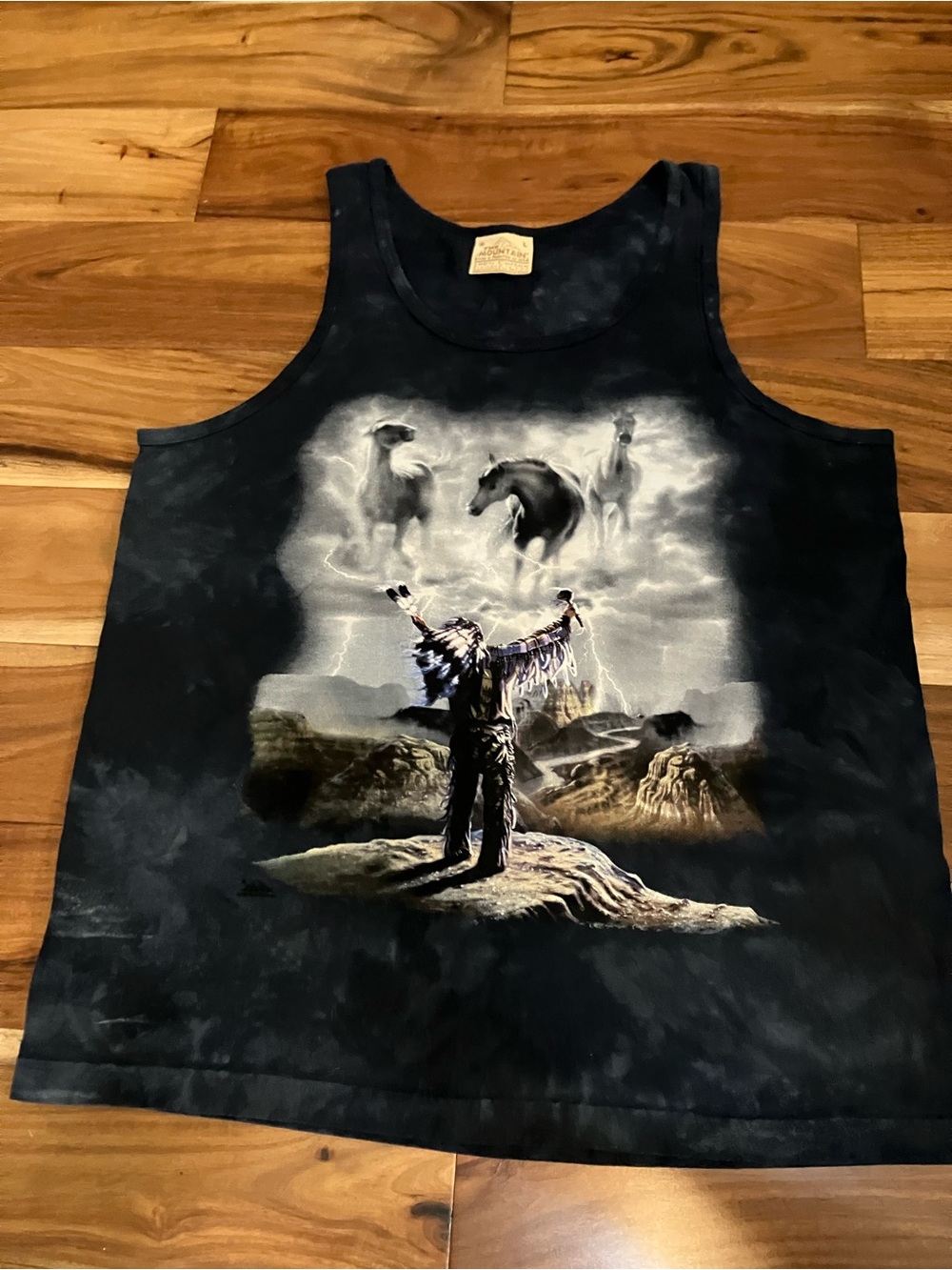 Vintage The Mountain Black Tie Dye Tank Top Mens Size large Horse Spirit Graphic